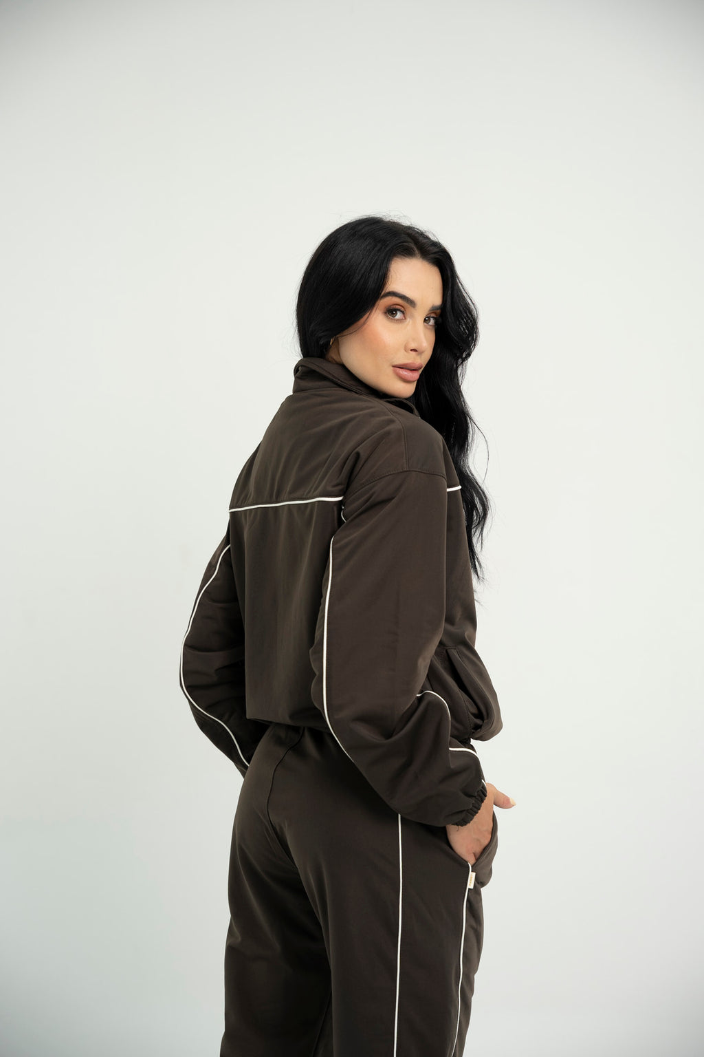 Set De Chaqueta Y Sudadera Bota Recta Para Mujer Color Café