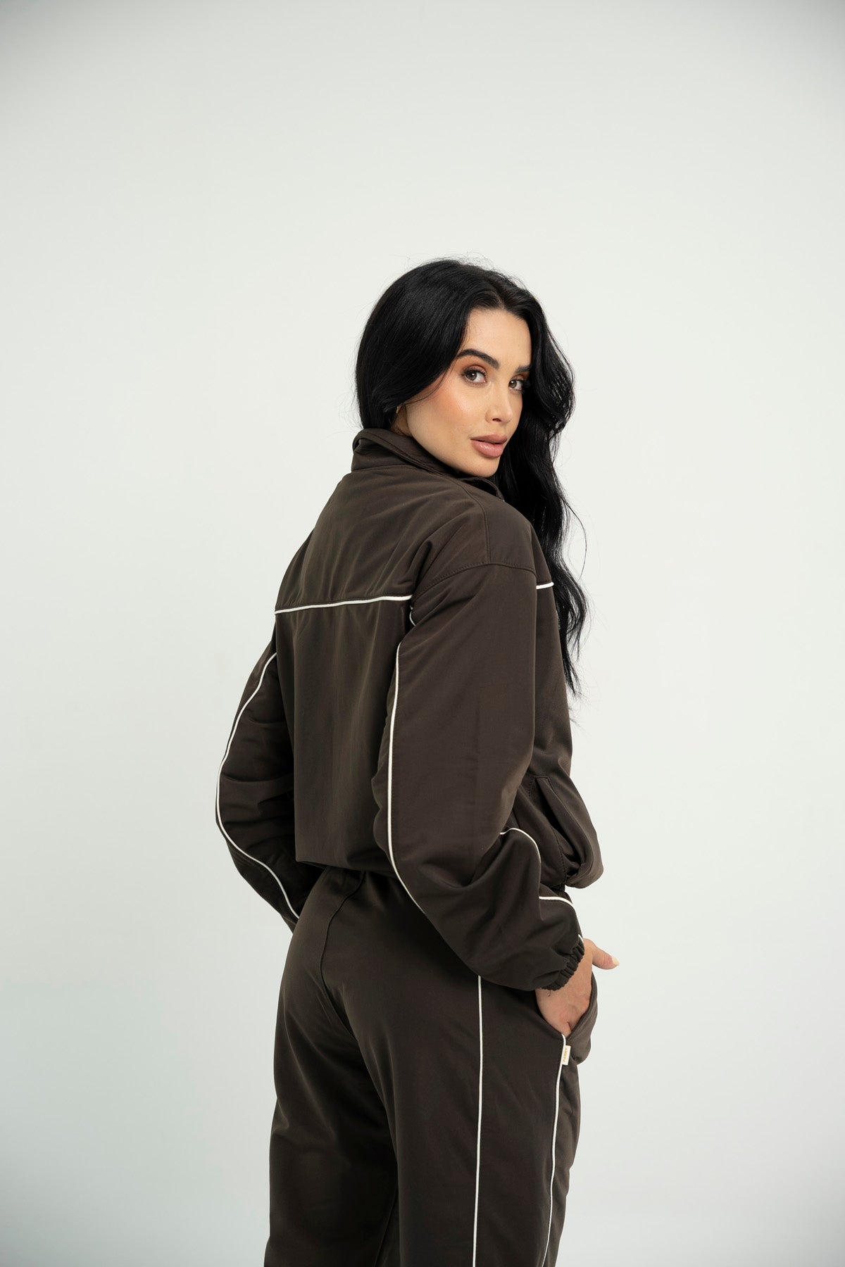 Set De Chaqueta Y Sudadera Bota Recta Para Mujer Color Café