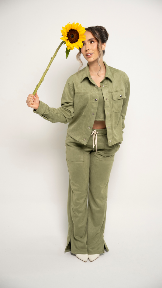 SET DE CHAQUETA, TOP Y SUDADERA PARA MUJER COLOR VERDE OLIVA