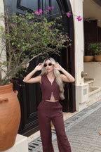 Set Élite Elegante Café De Chaleco Y Pantalón